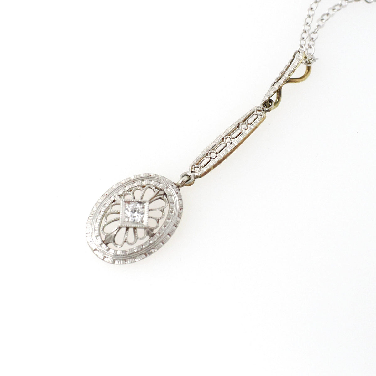 Edwardian Diamond Pendant - Antique 14k White Gold Natural Gemstone Charm Necklace - Vintage Circa 1910s Era Oval Filigree Fine Jewelry