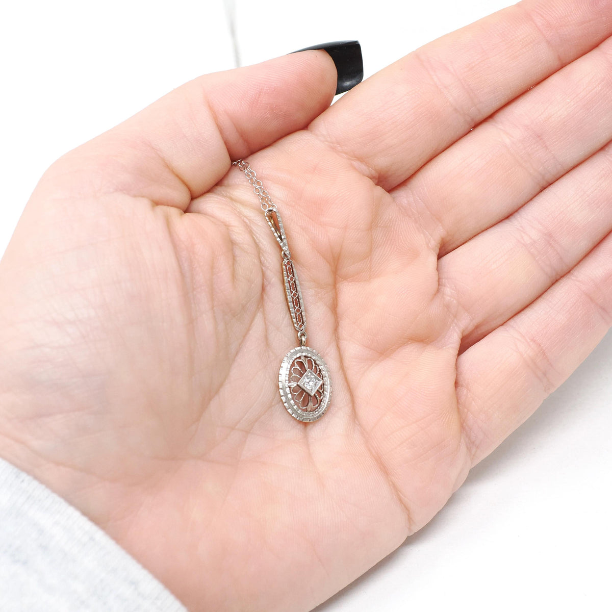 Edwardian Diamond Pendant - Antique 14k White Gold Natural Gemstone Charm Necklace - Vintage Circa 1910s Era Oval Filigree Fine Jewelry