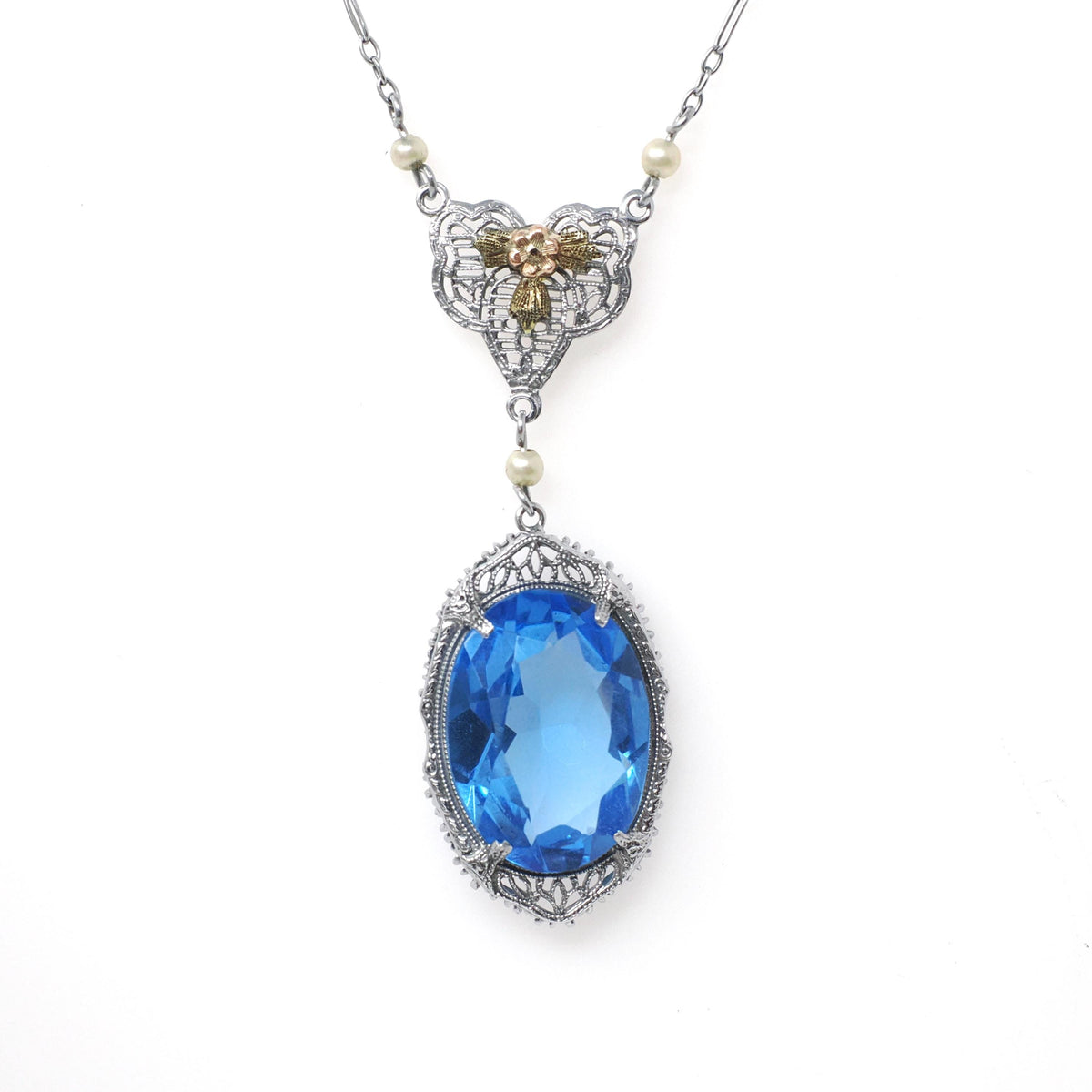 Art Deco Lavalier Necklace - Vintage 14k White Gold Simulated Blue Sapphire - Circa 1930s Era Blue Glass Tri Color Fine Fashion 30s Jewelry