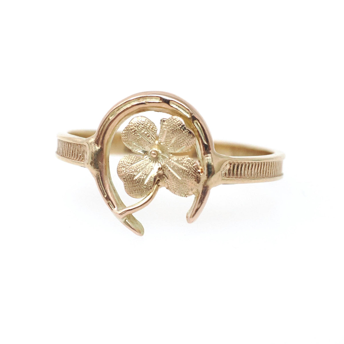 Vintage Equestrian Ring - Mid Century 14k 10k Yellow Gold Horseshoe Clover Design - Circa 1950s Era Size 8 Fine Horse Luck Statement Jewelry