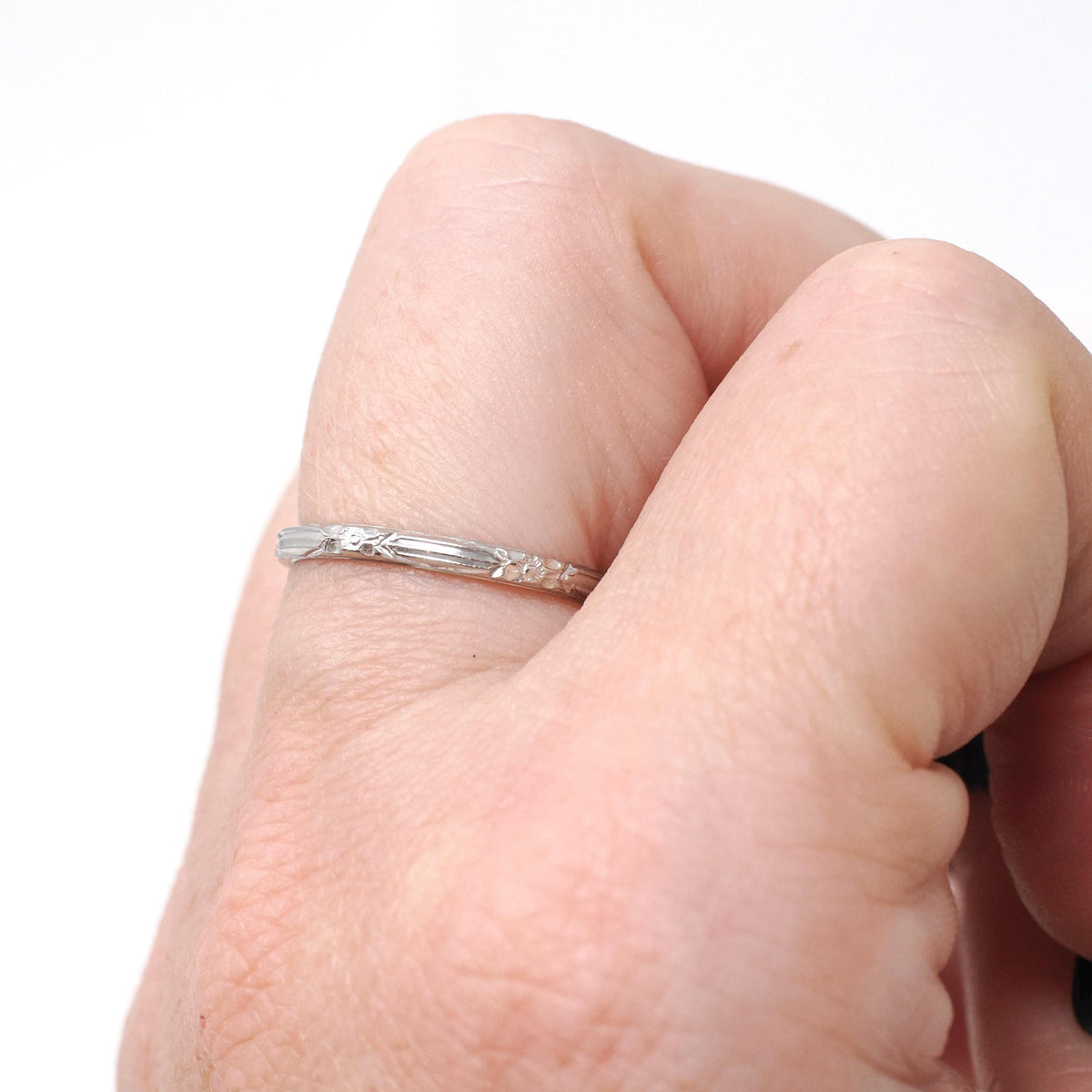 Art Deco Wedding Band - Vintage 18k White Gold Orange Blossom Eternity Ring - Circa 1930s Era Size 6 1/2 Bridal Stacking Fine Floral Jewelry