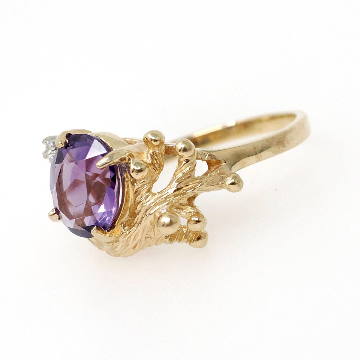 Vintage Amethyst Ring - Modernist 14k Yellow Gold Natural Purple 2.50 CT & Diamond - Circa 1970s Size 9 Nature Inspired Branch Fine Jewelry