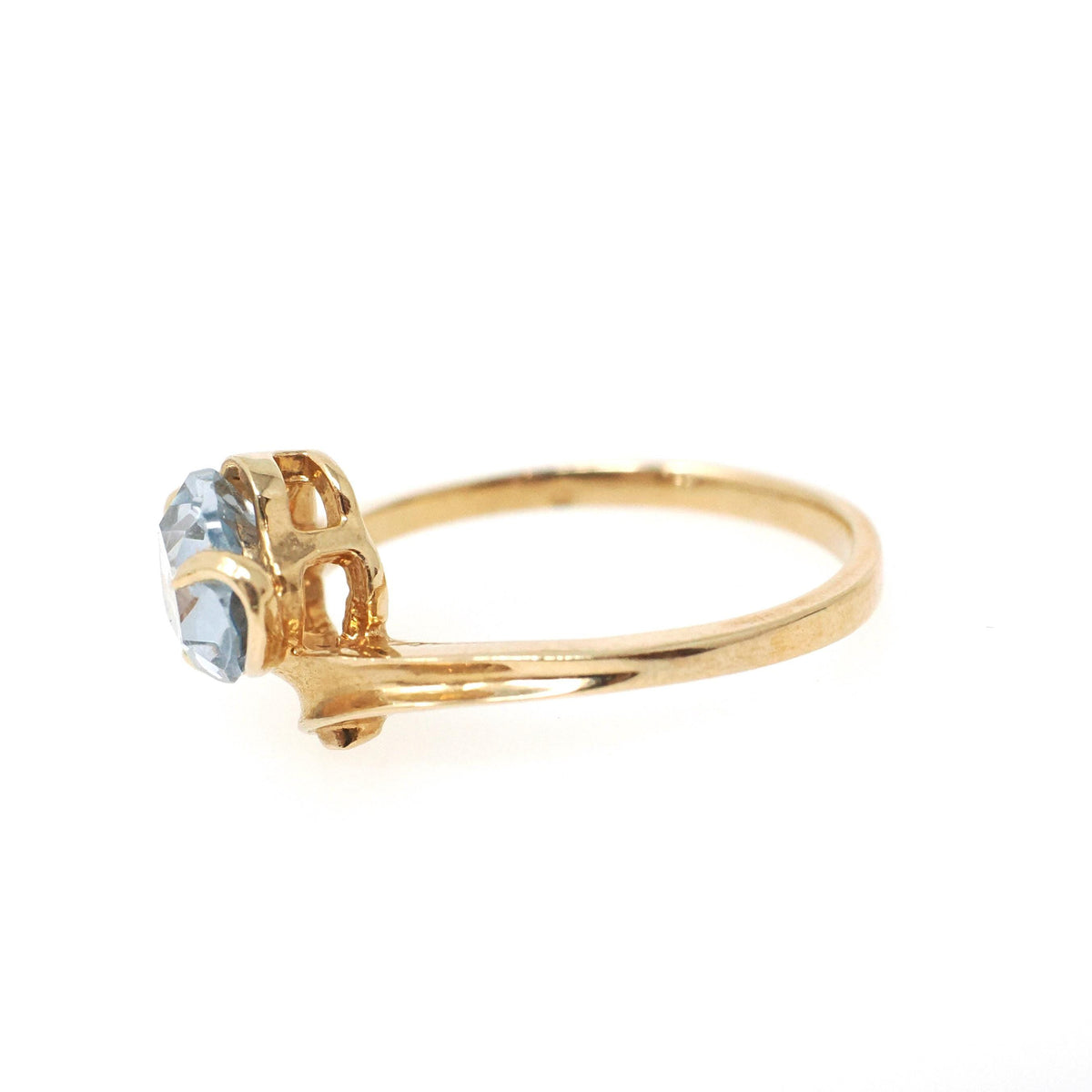Created Spinel Ring - Modernist 10k Yellow Gold Light Blue Heart Stone - Vintage Circa 1970s Size 7 Asymmetrical Bypass Style Fine Jewelry