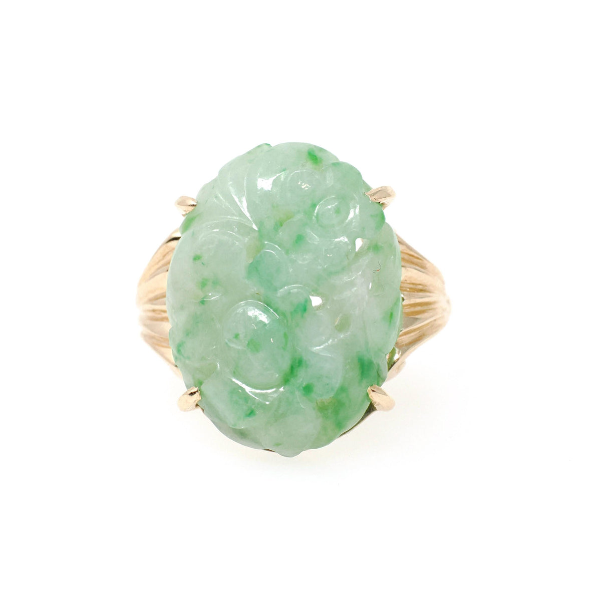 Carved Jadeite Ring - Vintage 14k Yellow Gold Carved Green Floral Jade Gemstone Solitaire - Modernist 1970s Era Size 6 1/2 Fine Jewelry