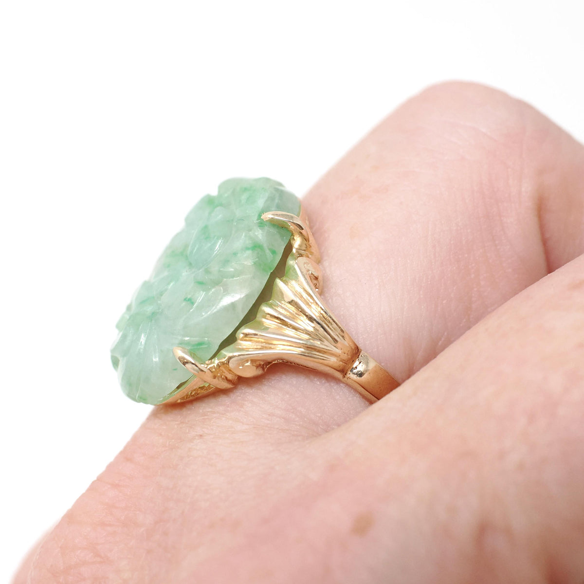 Carved Jadeite Ring - Vintage 14k Yellow Gold Carved Green Floral Jade Gemstone Solitaire - Modernist 1970s Era Size 6 1/2 Fine Jewelry
