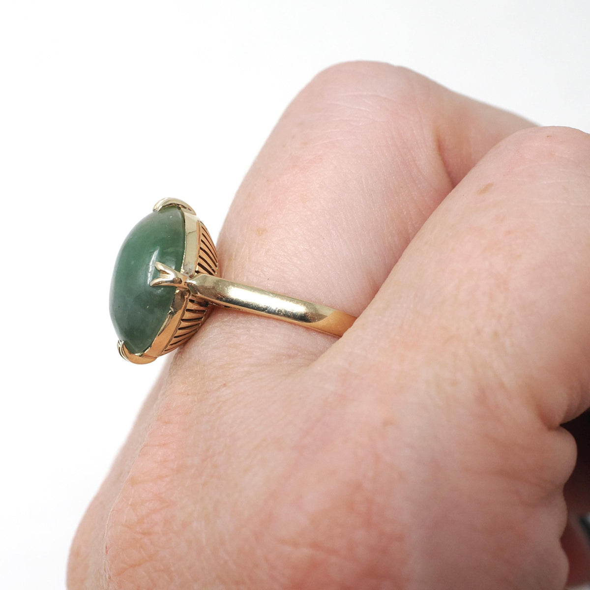 Vintage Jadeite Ring - Modernist 14k Yellow Gold Cabochon Natural Jade Solitaire - Circa 1970s Size 6 Fine Good Luck Nature Inspired Jewelry