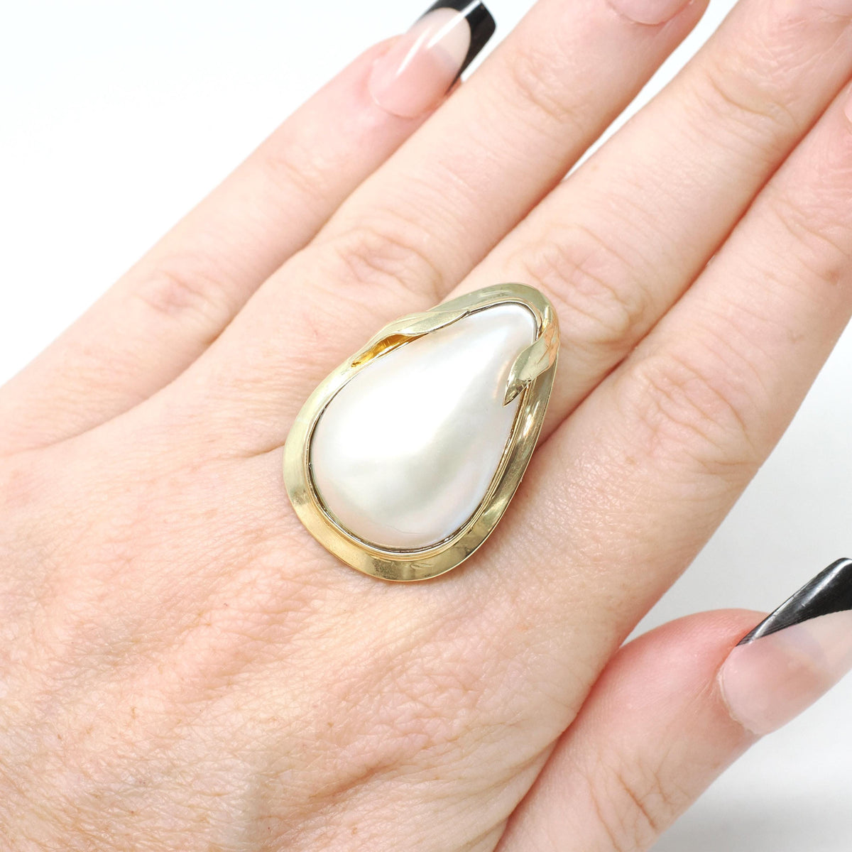 Vintage Mabe Pearl Ring - Contemporary Era 14K Yellow Gold Cultured Organic Gemstone - Circa 1990s Size 6 3/4 June Birthstone Fine Jewelry