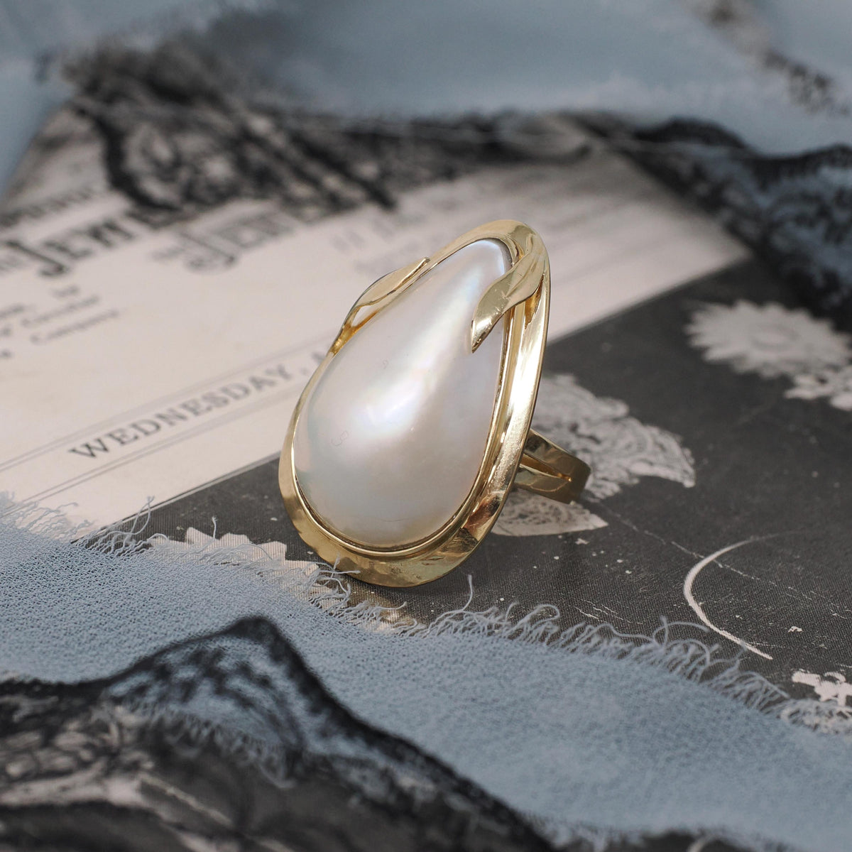 Vintage Mabe Pearl Ring - Contemporary Era 14K Yellow Gold Cultured Organic Gemstone - Circa 1990s Size 6 3/4 June Birthstone Fine Jewelry