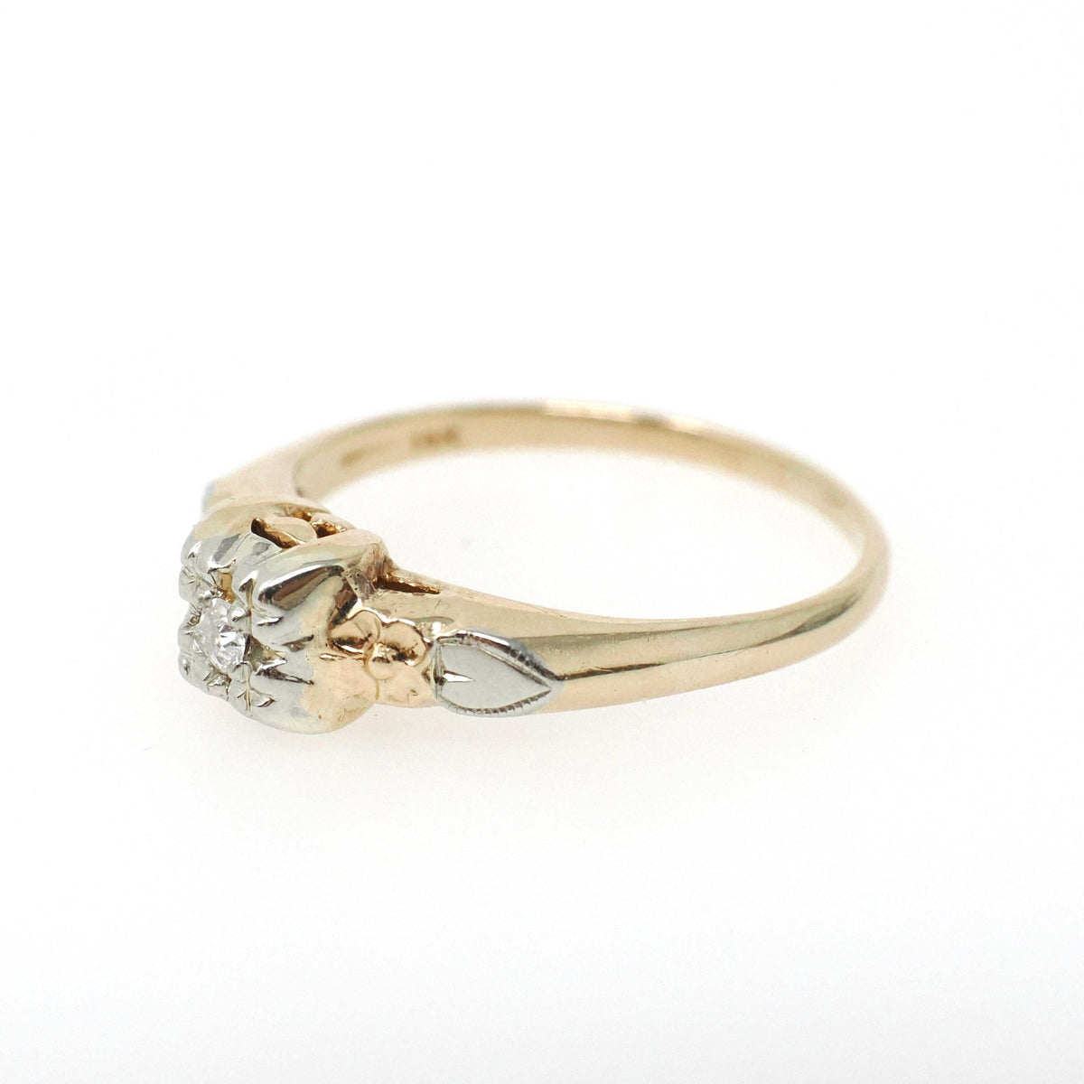 Flower Engagement Ring - Vintage 14k Yellow & White Gold Two Tone Diamond Solitaire - Circa 1940s Era Size 6 Fine Sweetheart Bridal Jewelry
