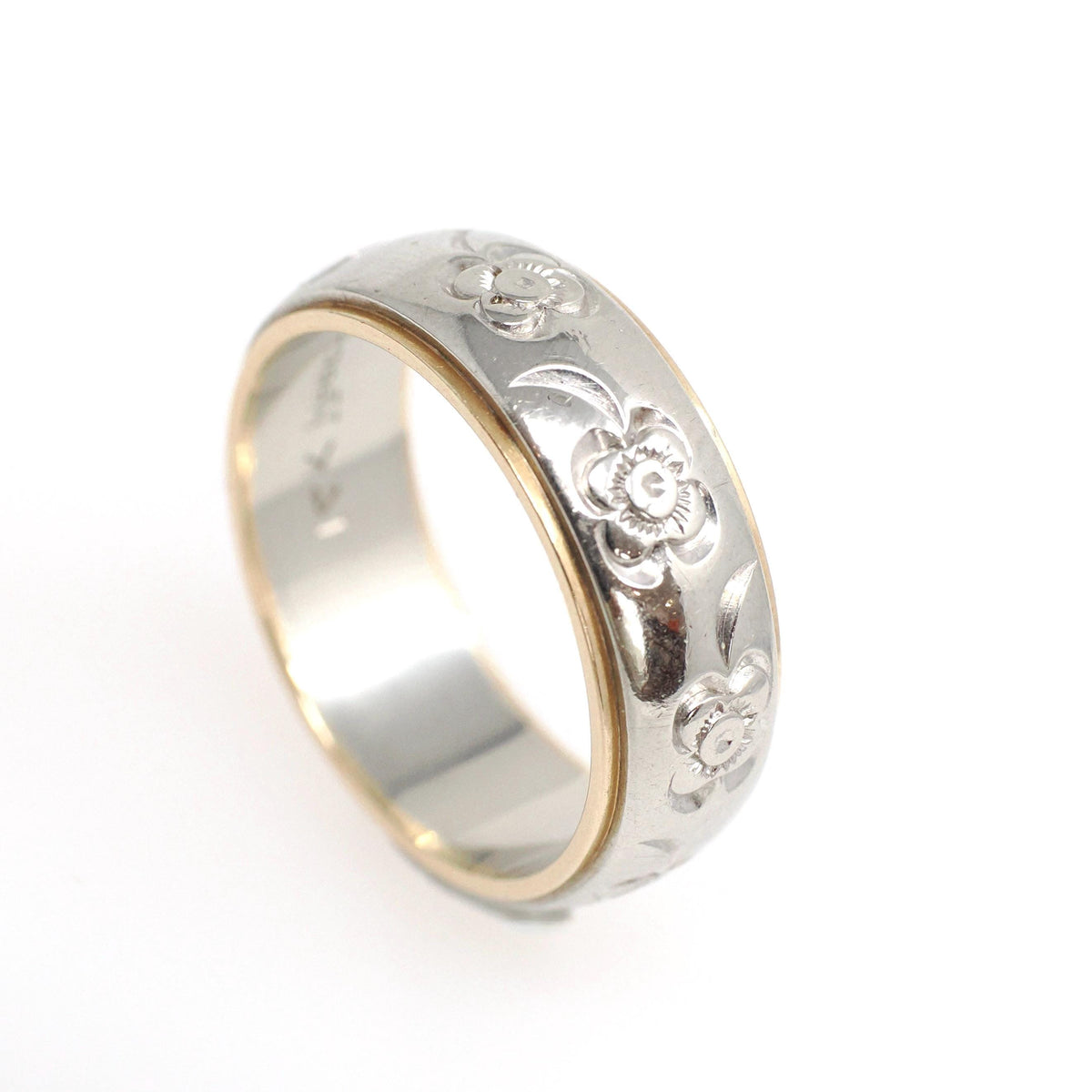 Vintage Flower Band - Mid Century 14k Yellow & White Gold Floral Design Ring - Circa 1960s Era Size 6 1/4 Two Tone Fine Statement Jewelry