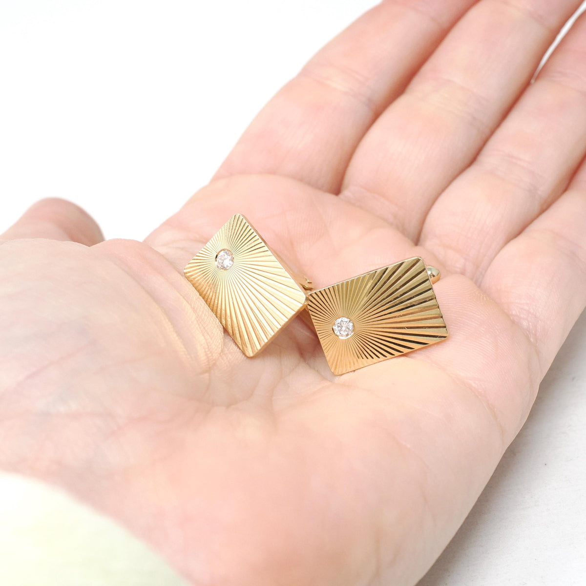 Vintage Diamond Cufflinks - Modernist Era 14k Yellow Gold .25 CTW Engraved Sunburst Bridal Accessory - Circa 1970s Fine Statement Jewelry