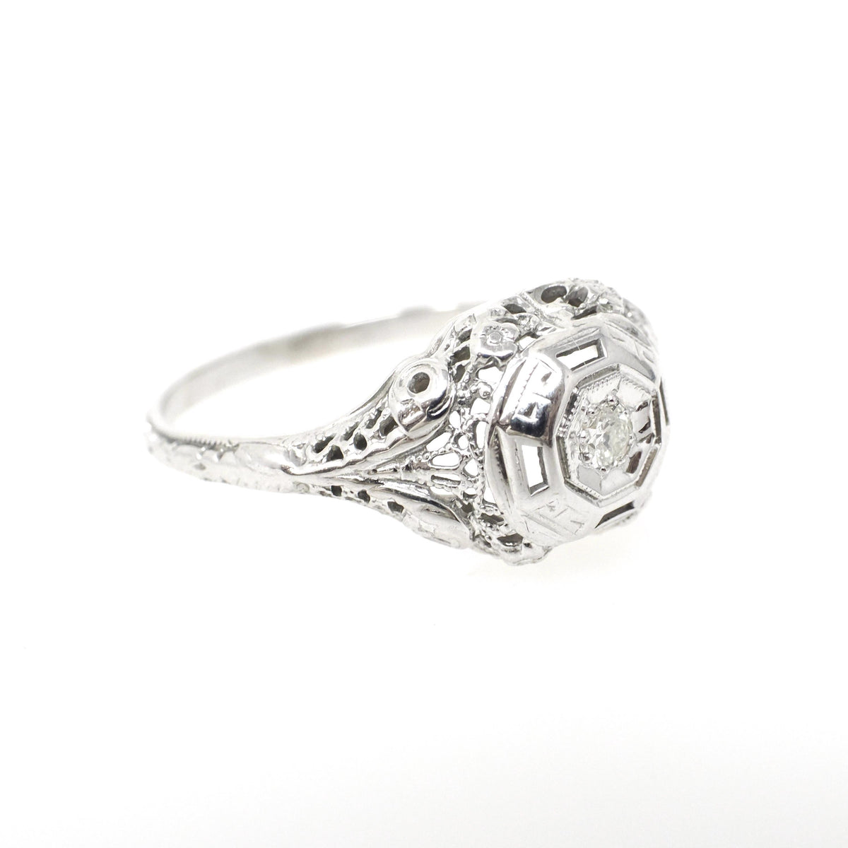 Vintage Diamond Ring - Art Deco 18k White Gold Natural .06 CT Engagement Solitaire - Circa 1930s Size 8 Octagonal Filigree Fine Jewelry