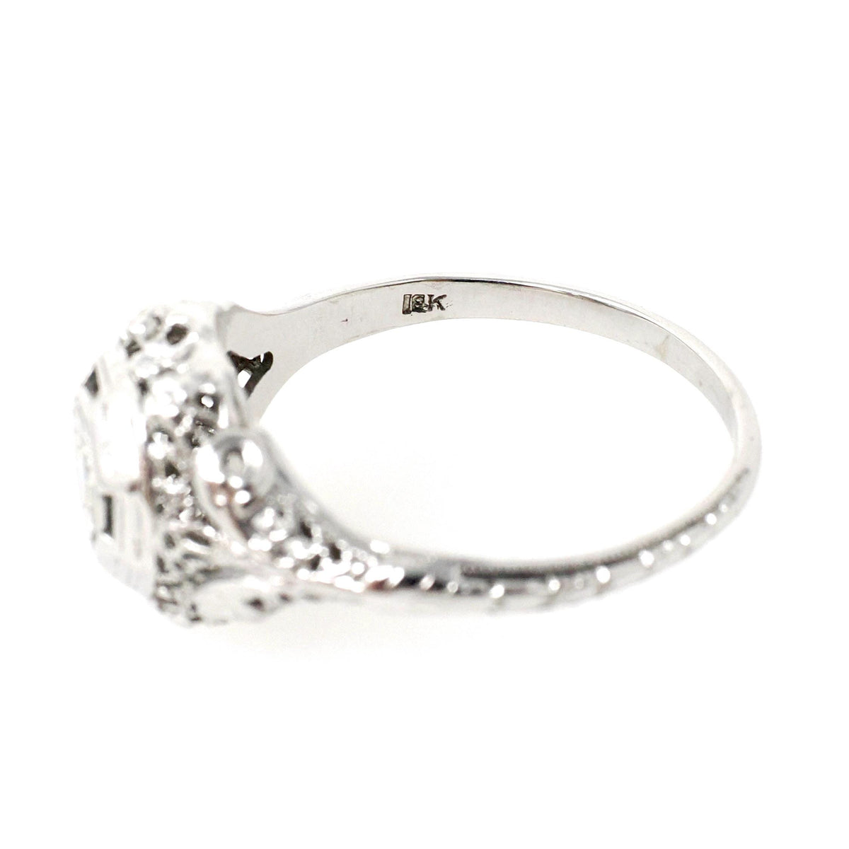Vintage Diamond Ring - Art Deco 18k White Gold Natural .06 CT Engagement Solitaire - Circa 1930s Size 8 Octagonal Filigree Fine Jewelry