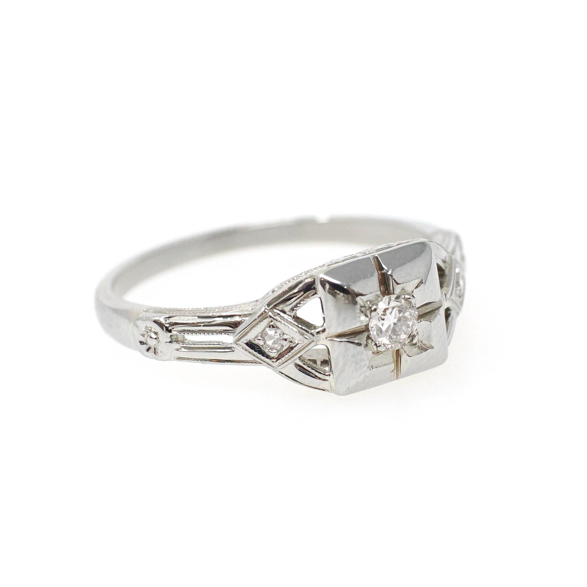 Vintage Diamond Ring - Art Deco 18k White Gold Natural .08CT Engagement Solitaire - Circa 1930s Size 6.5 Square Flower Filigree Fine Jewelry