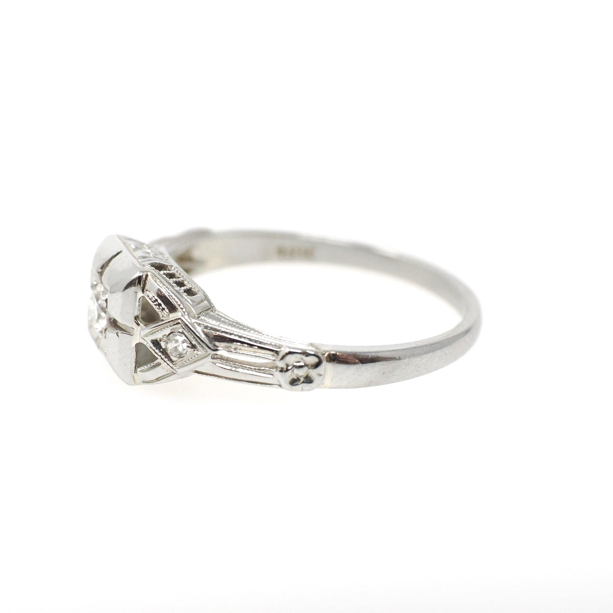 Vintage Diamond Ring - Art Deco 18k White Gold Natural .08CT Engagement Solitaire - Circa 1930s Size 6.5 Square Flower Filigree Fine Jewelry