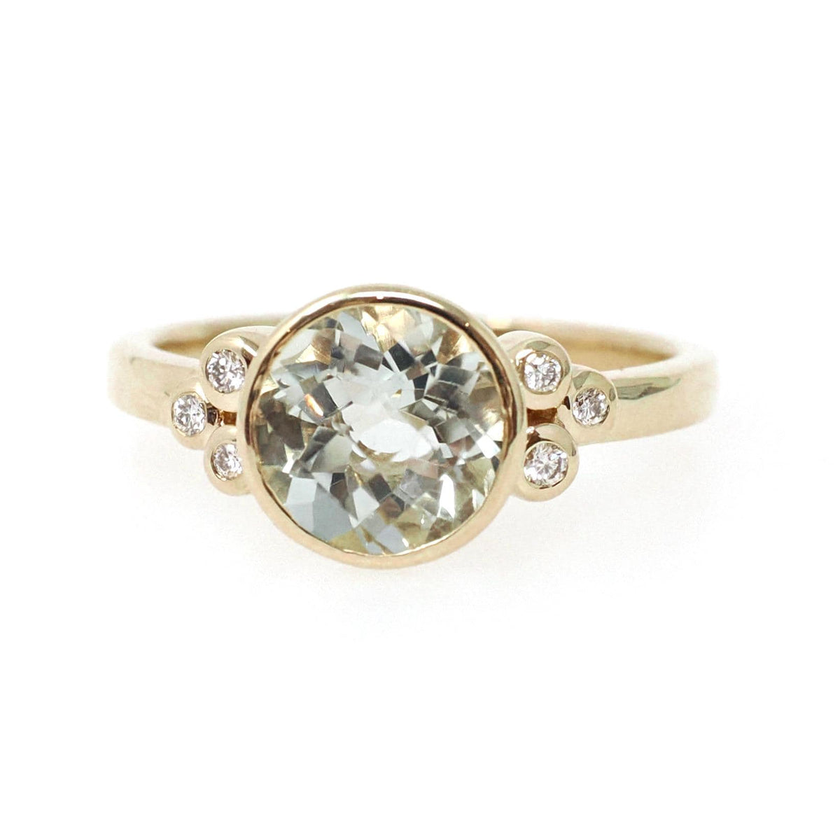 Prasiolite Diamond Ring - Contemporary 14k Yellow Gold Round Natural Green Amethyst Quartz - Modern Circa 2000s Era Size 7 1/4 Fine Jewelry
