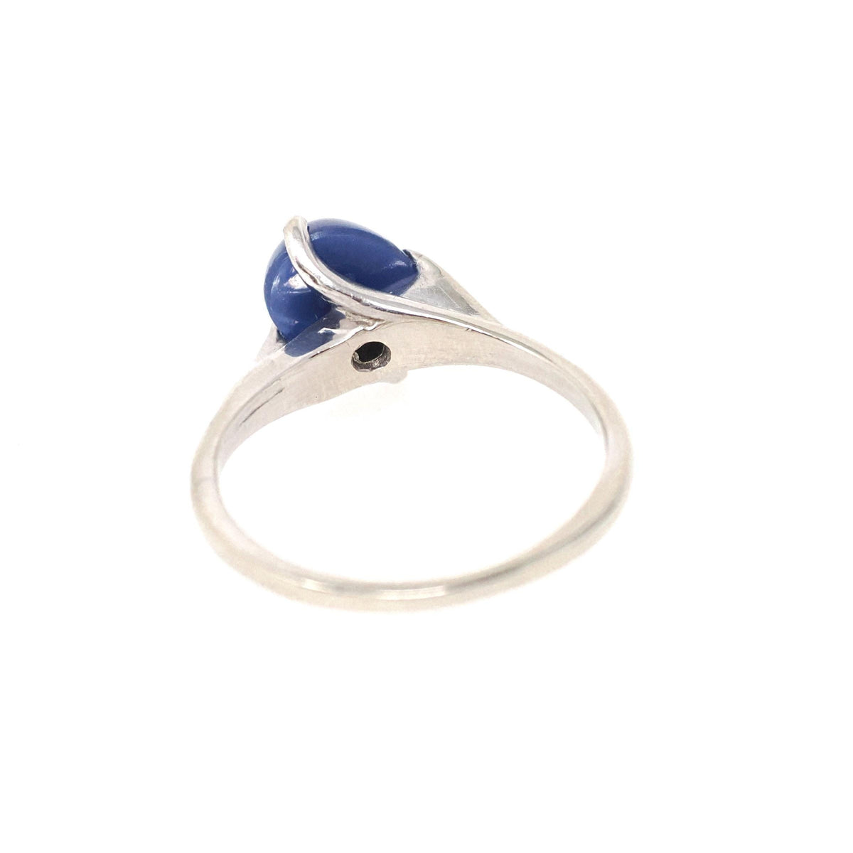Created Star Sapphire Ring - Modernist 14k White Gold Blue Cabochon Bypass - Circa 1960s Era Size 5 September Birthstone Fine Jewelry