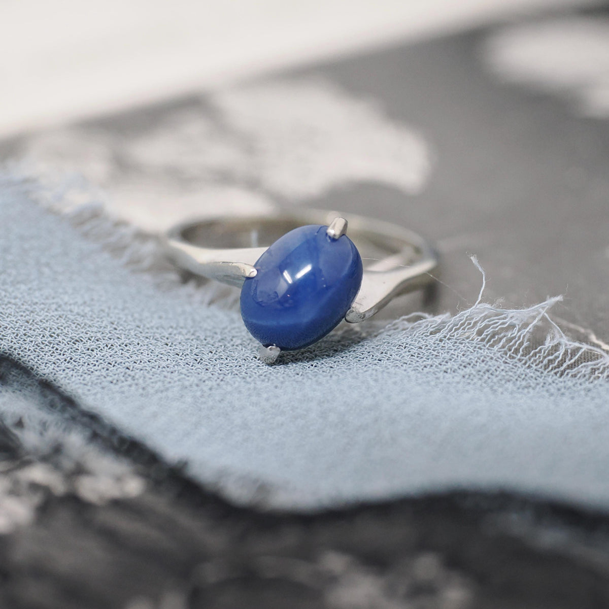 Created Star Sapphire Ring - Modernist 14k White Gold Blue Cabochon Bypass - Circa 1960s Era Size 5 September Birthstone Fine Jewelry