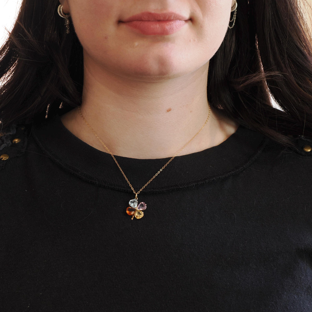 Multi Gemstone Charm - Contemporary 14k Yellow Gold Aquamarine Citrine & Amethyst Clover Necklace - Circa 1990s Era Fine Statement Jewelry