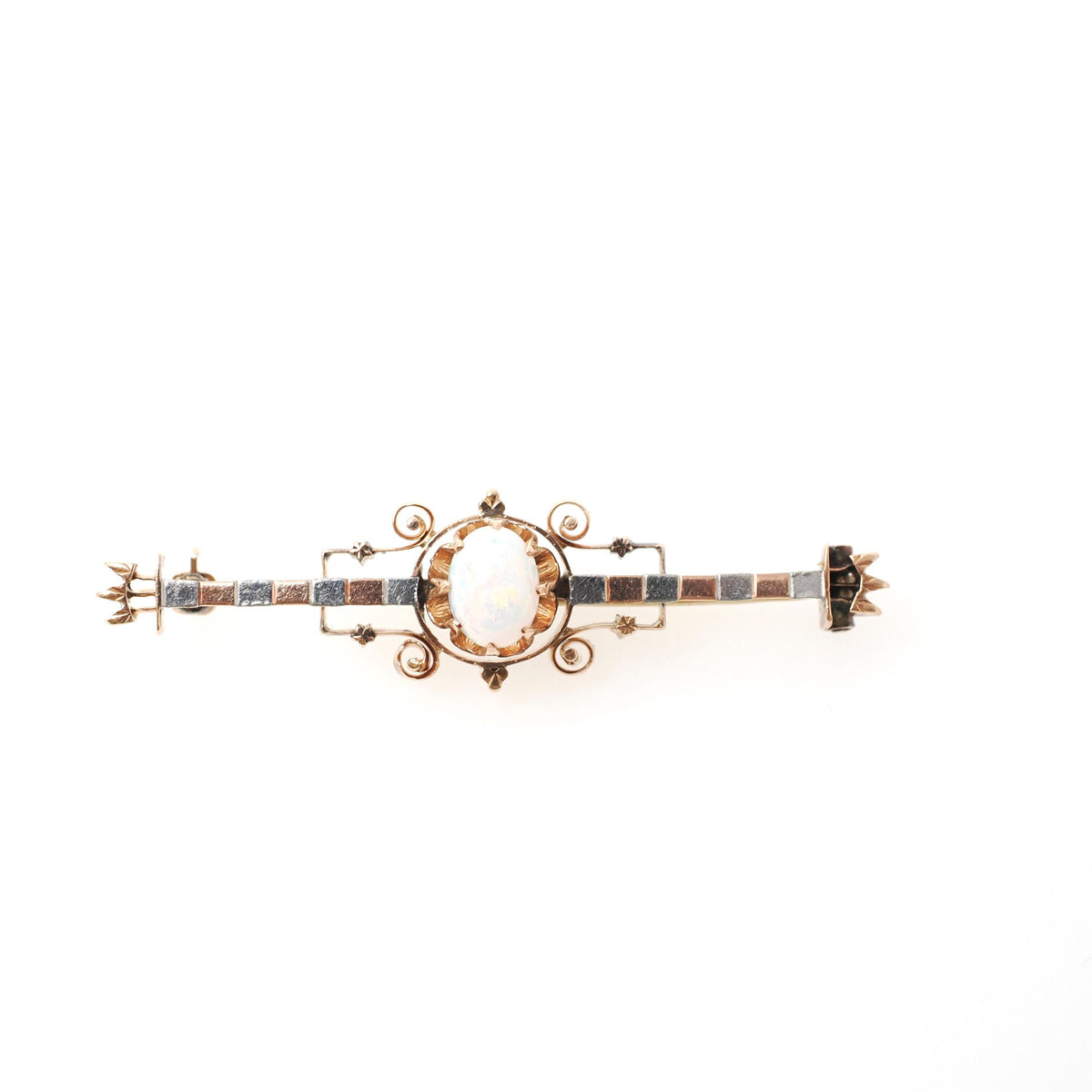 Opal Bar Pin - Victorian 14k Rose & White Gold Cabochon Stone Brooch - Antique Circa 1890s Era Dainty Gemstone Statement Fine Accessory