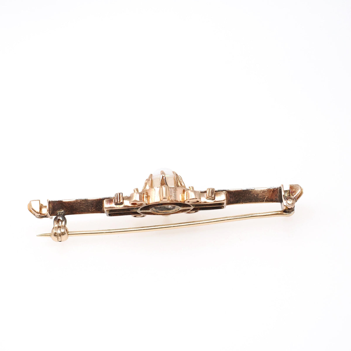 Opal Bar Pin - Victorian 14k Rose & White Gold Cabochon Stone Brooch - Antique Circa 1890s Era Dainty Gemstone Statement Fine Accessory