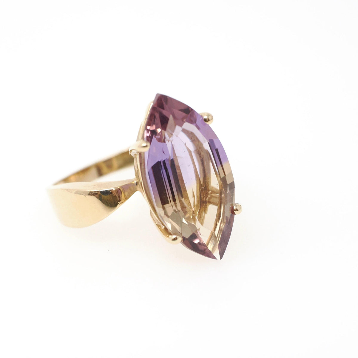 Modern Ametrine Ring - 14k Yellow Gold Purple Yellow 4.75 CT Bicolor Marquise Gemstone Solitaire - Circa 2000s Era Size 6 1/4 Fine Jewelry