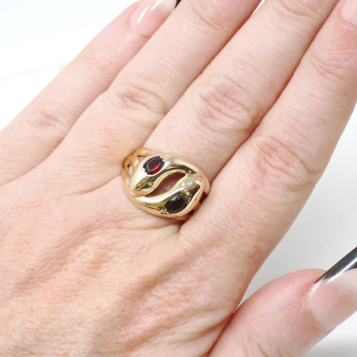 Vintage Double Snake Ring - Modernist 9k Two Red Glass Serpent Band - Circa 1970s Era Size 6 1/4 Coiled Animal Symbolic Cobra Fine Jewelry