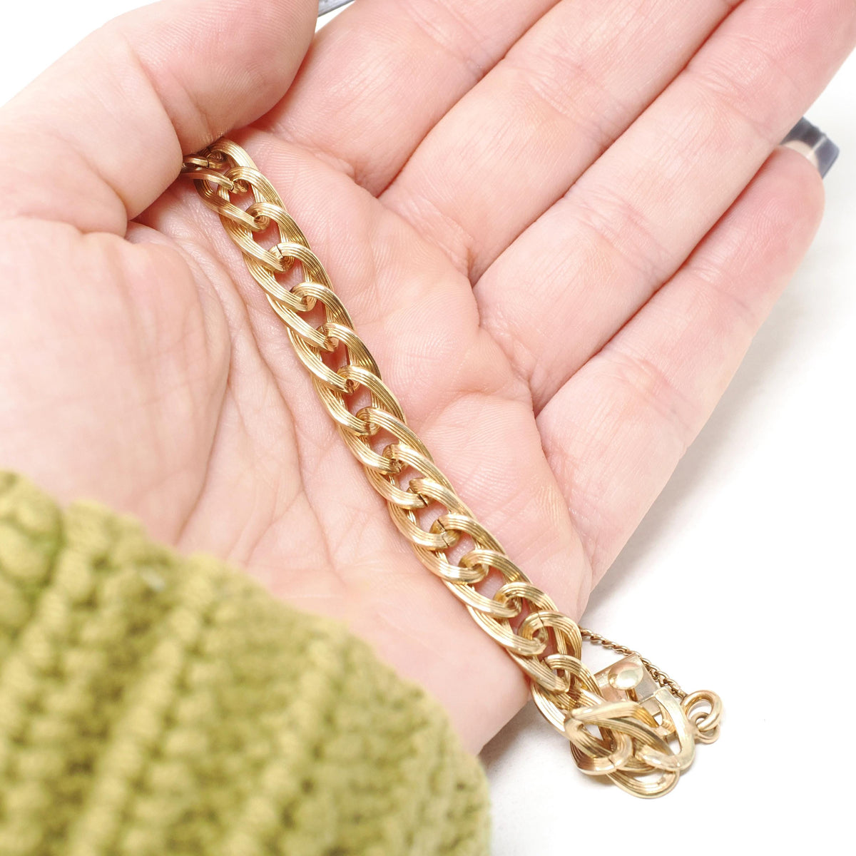 Vintage Charm Bracelet - Mid Century 12k Gold Filled Curb Links Statement Hinged Clip - Circa 1960s Safety Chain Fashion Accessory Jewelry