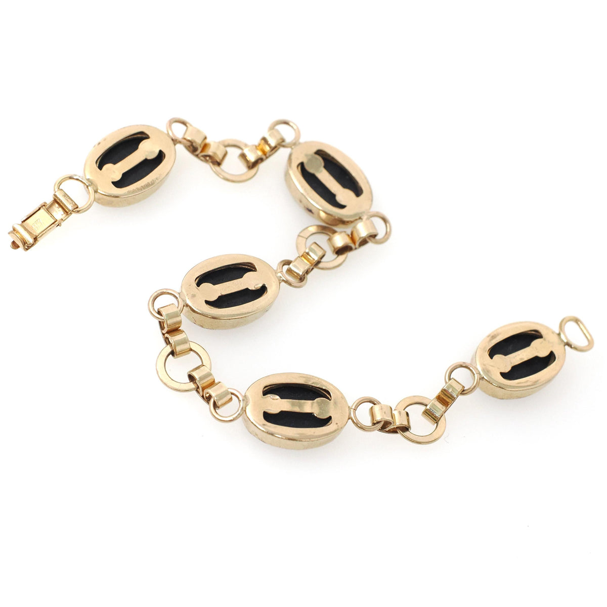 Simulated Onyx Bracelet - Mid Century 12k Gold Filled Oval Black Glass Stones - Circa 1960s Era 7 1/4 Inches Statement Accessory 60s Jewelry
