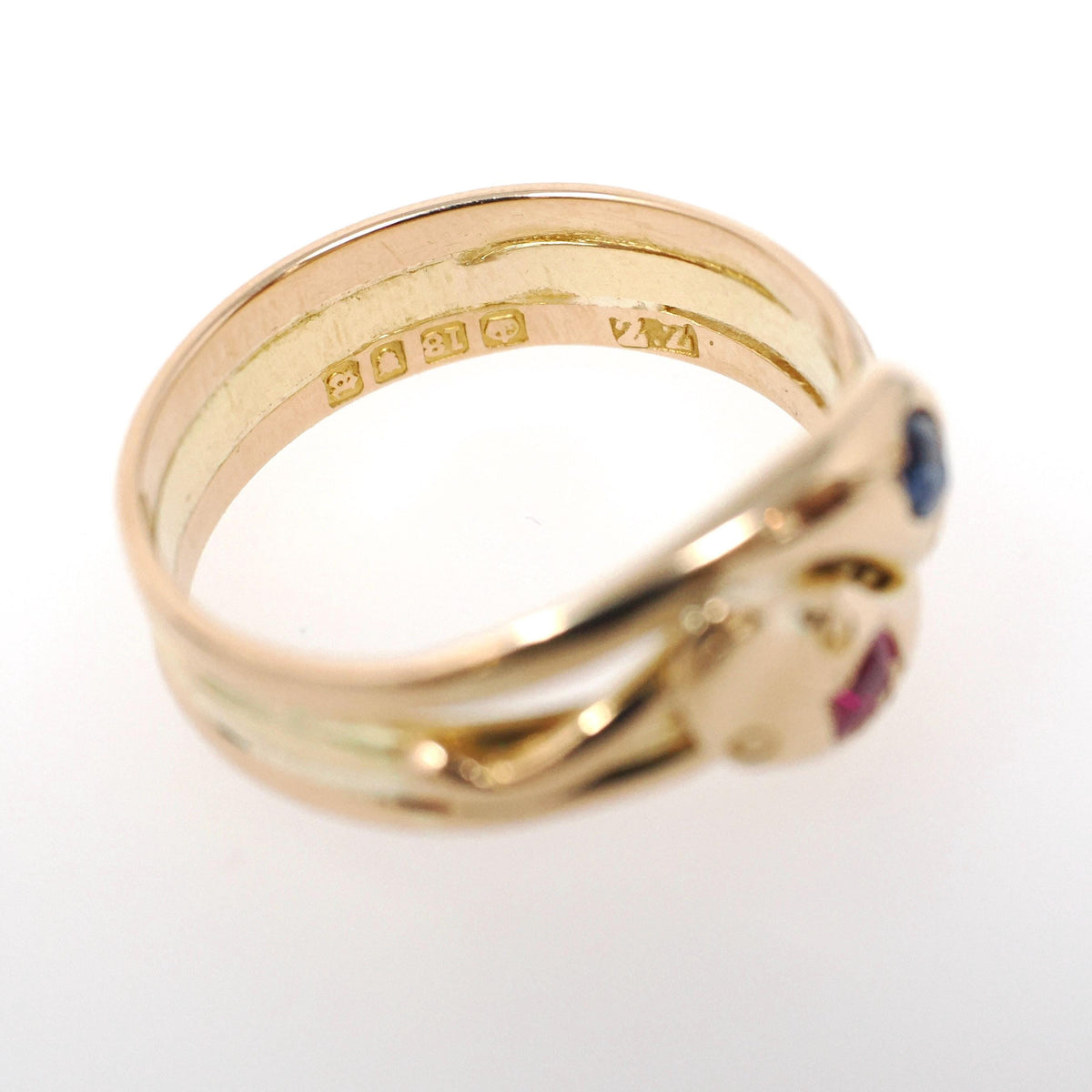 Antique Double Snake Ring - Edwardian Era 18k Gold Serpent Handmade Natural Blue Synthetic Pink Sapphire - Circa 1910s Size 8 Fine Jewelry
