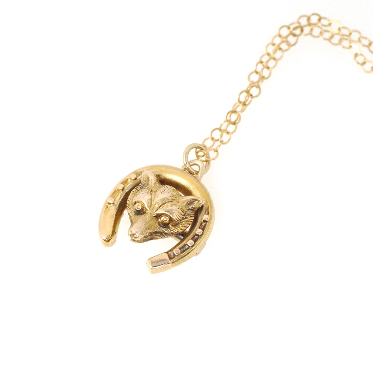 Antique Fox Necklace - Victorian 15k Yellow Gold Horseshoe & Animal Pendant - Circa 1890s Era Good Luck Charm Fine Statement Jewelry