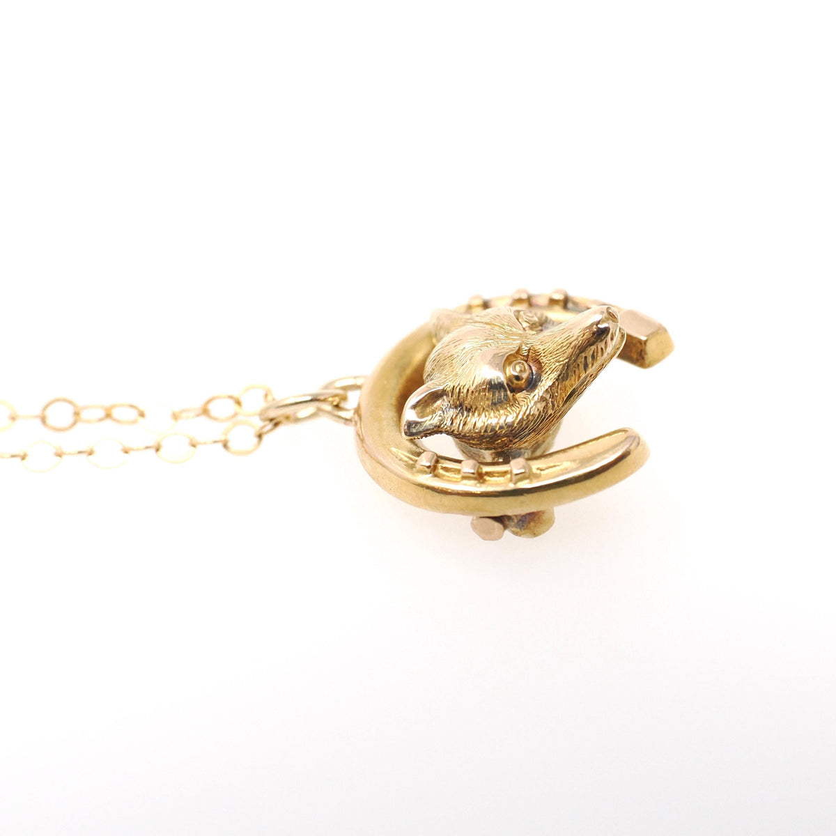 Antique Fox Necklace - Victorian 15k Yellow Gold Horseshoe & Animal Pendant - Circa 1890s Era Good Luck Charm Fine Statement Jewelry