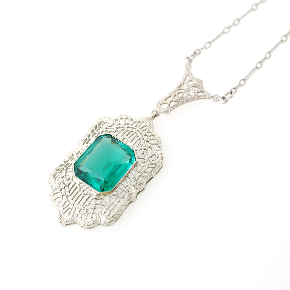 Art Deco Lavalier - Antique 14k White Gold Simulated Emerald Green Glass Necklace - Circa 1920s Era Filigree May Birthstone Fine Jewelry