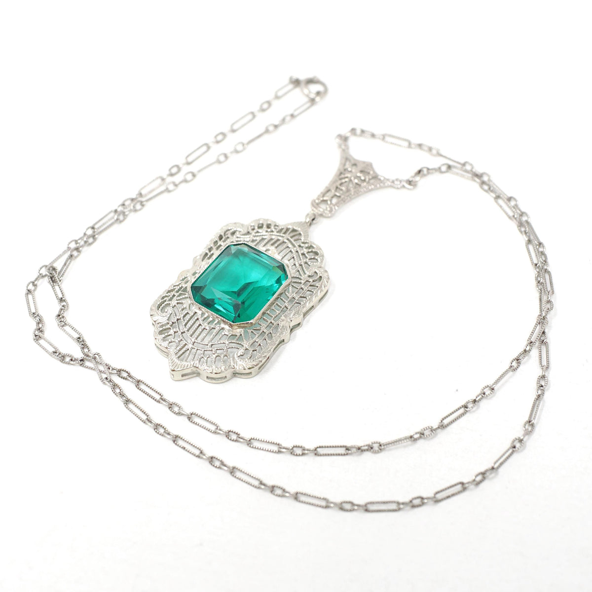 Art Deco Lavalier - Antique 14k White Gold Simulated Emerald Green Glass Necklace - Circa 1920s Era Filigree May Birthstone Fine Jewelry