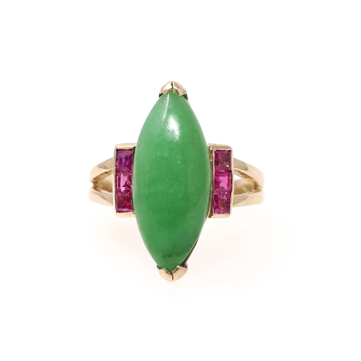 Vintage Jadeite Ring - Modernist 14k Yellow Gold Marquise Cut Natural Green Gemstone - Circa 1970s Era Size 4 Ruby Accent Fine Jewelry