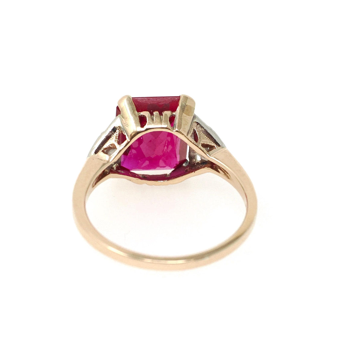 Created Ruby Ring - Retro 14k Yellow Gold Red Stone Natural Diamonds .04 CTW - Circa 1940s Size 6 1/4 Fine Two Tone July Birthstone Jewelry