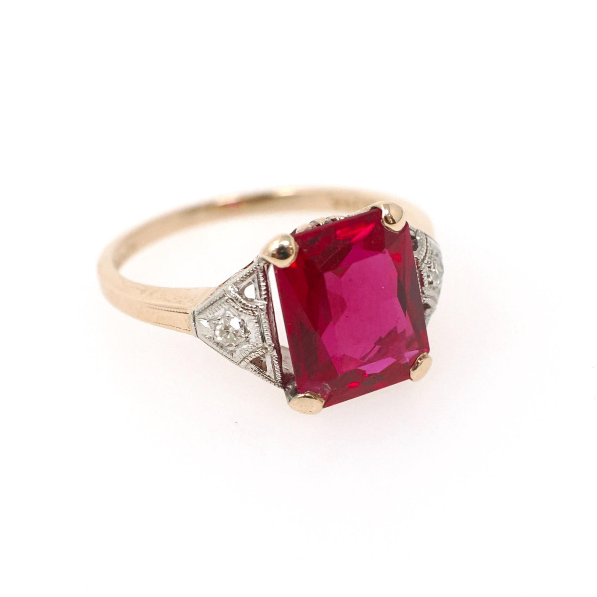 Created Ruby Ring - Retro 14k Yellow Gold Red Stone Natural Diamonds .04 CTW - Circa 1940s Size 6 1/4 Fine Two Tone July Birthstone Jewelry