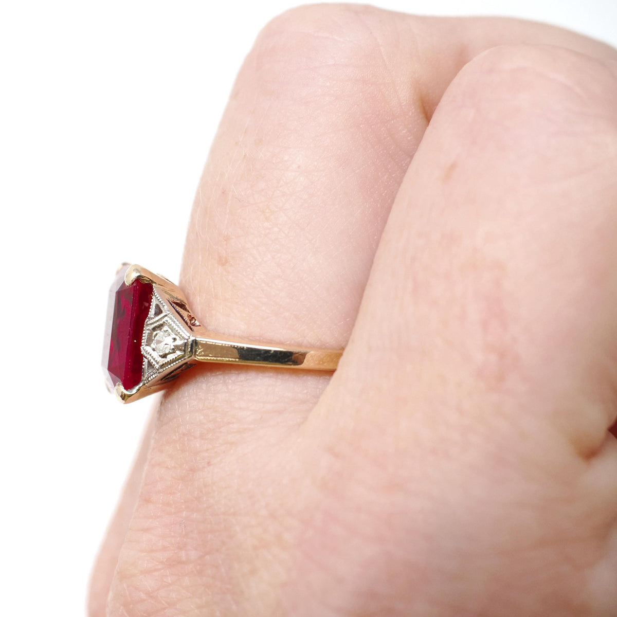 Created Ruby Ring - Retro 14k Yellow Gold Red Stone Natural Diamonds .04 CTW - Circa 1940s Size 6 1/4 Fine Two Tone July Birthstone Jewelry