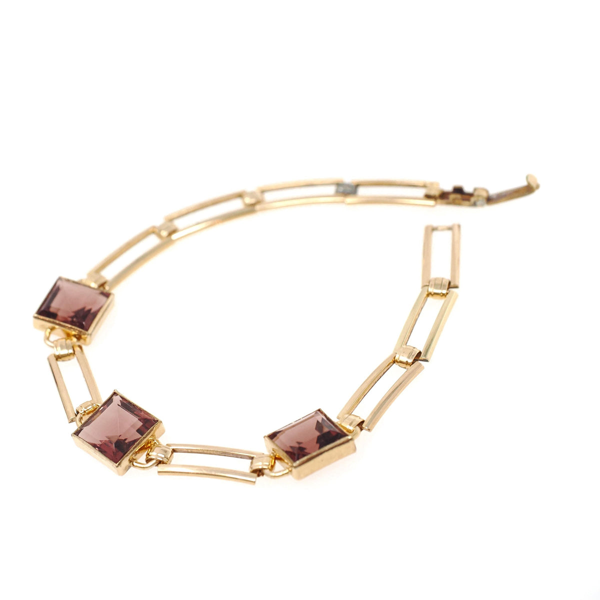 Vintage Glass Bracelet - Retro Gold Filled Square Cut Faceted Purple Glass Stones - Circa 1940s Era Gate Link Fold Over Clasp Jewelry