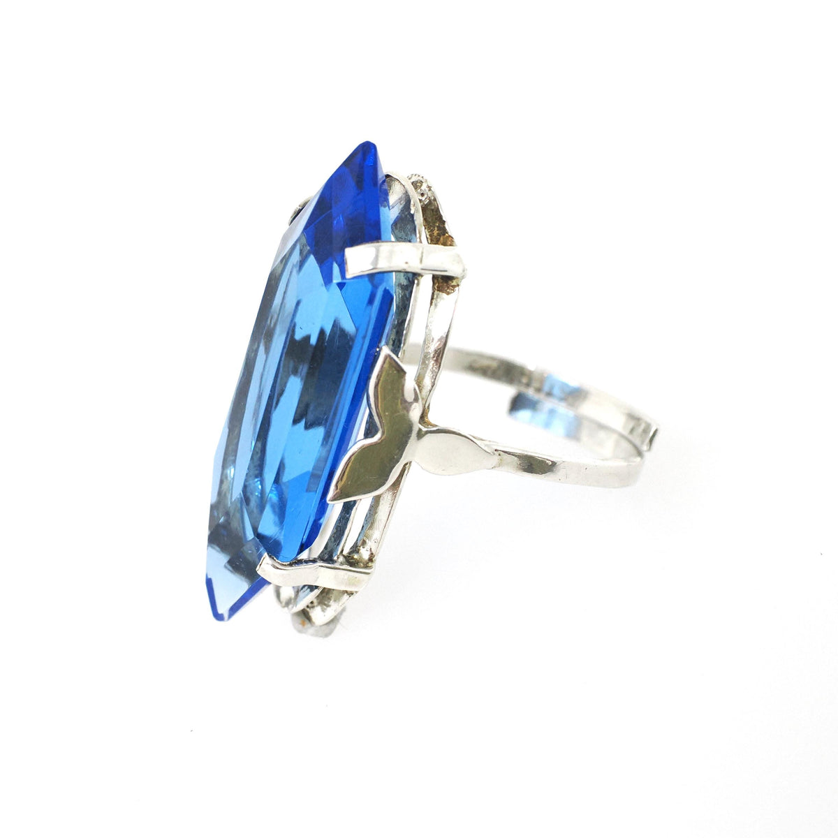 Simulated Sapphire Ring - Mid Century Sterling Silver Fancy Cut Faceted Blue Glass Shield - Vintage Circa 1960s Size 7 Adjustable Jewelry