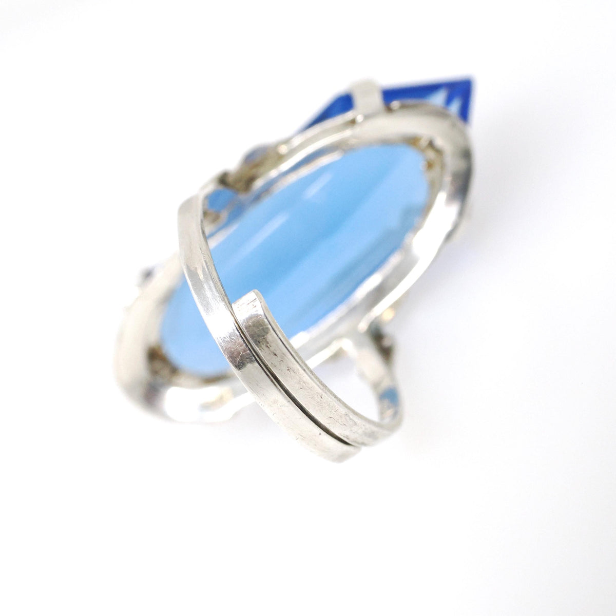 Simulated Sapphire Ring - Mid Century Sterling Silver Fancy Cut Faceted Blue Glass Shield - Vintage Circa 1960s Size 7 Adjustable Jewelry