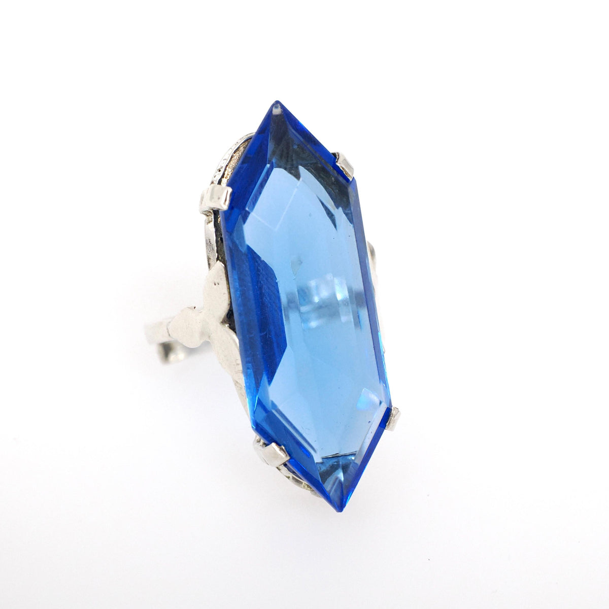 Simulated Sapphire Ring - Mid Century Sterling Silver Fancy Cut Faceted Blue Glass Shield - Vintage Circa 1960s Size 7 Adjustable Jewelry