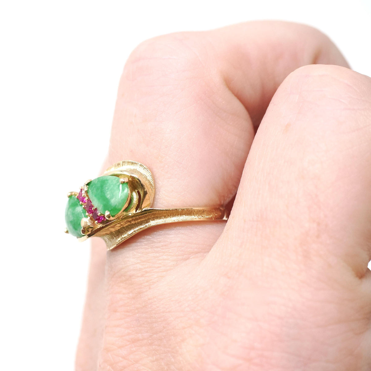 Jadeite & Ruby Ring - Modernist 14k Yellow Gold Natural Green Gemstone Created Ruby Bypass - Circa 1970s Era Size 5 1/4 Fine Jewelry