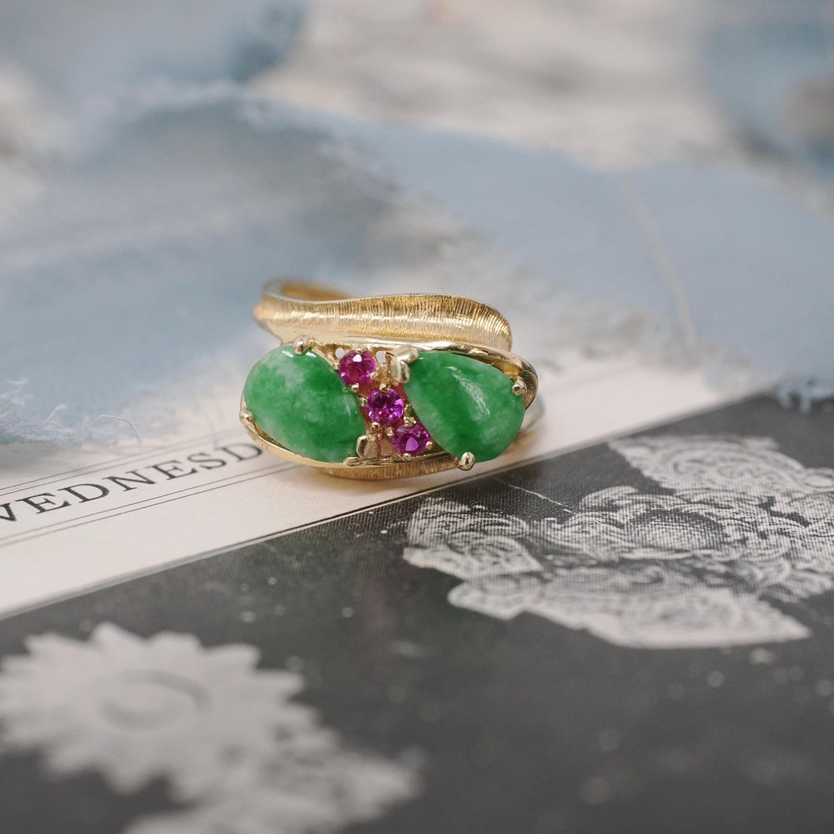 Jadeite & Ruby Ring - Modernist 14k Yellow Gold Natural Green Gemstone Created Ruby Bypass - Circa 1970s Era Size 5 1/4 Fine Jewelry