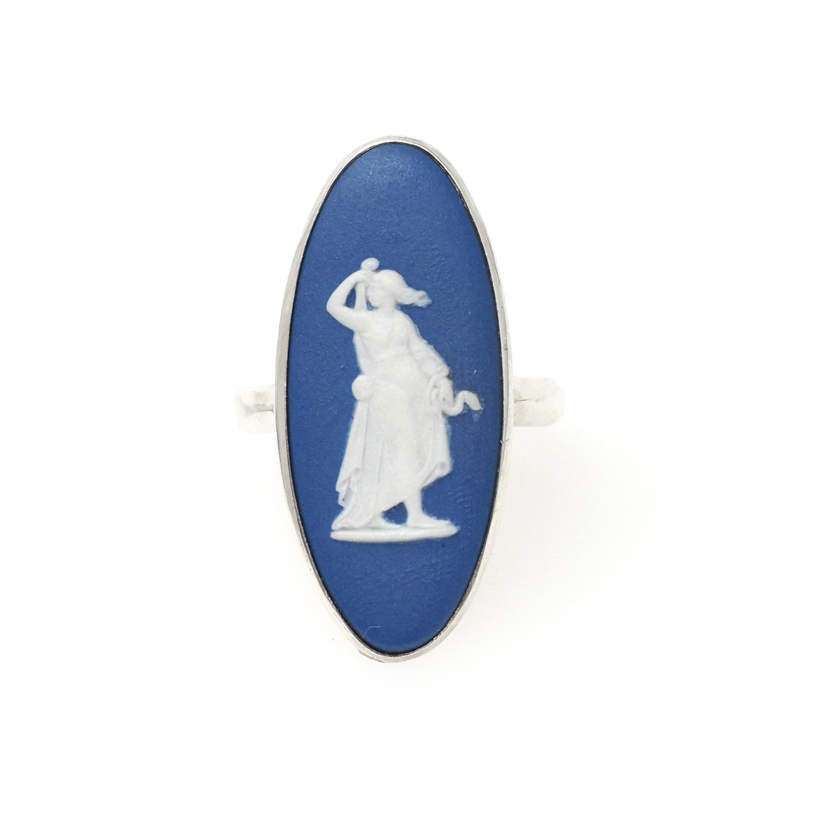 Vintage Wedgwood Ring - Modernist Sterling Silver Hygieia Cameo Dark Blue Jasperware - Hallmarked 1976 Size 7 1/4 London England Jewelry