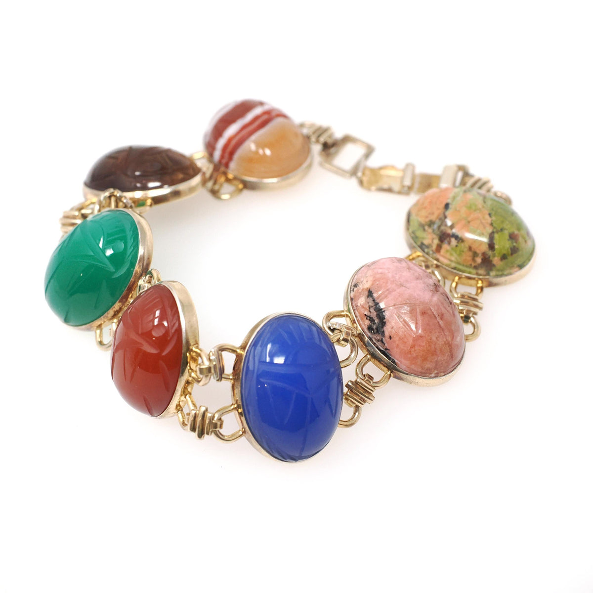 Vintage Scarab Bracelet - 14k Gold Filled Carved Natural Banded Agate Rhodonite Unakite Gems - Circa 1960s Era Egyptian Revival Jewelry