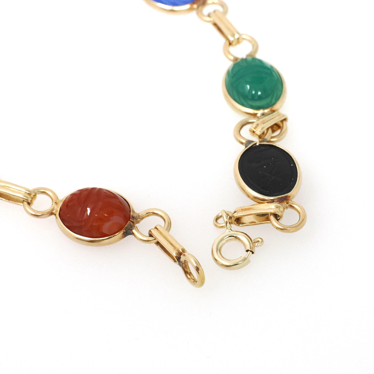 Vintage Scarab Bracelet - Modernist 14k & 10k Yellow Gold Oval Carved Natural Gemstones - Circa 1960s Egyptian Revival Style Fine Jewelry