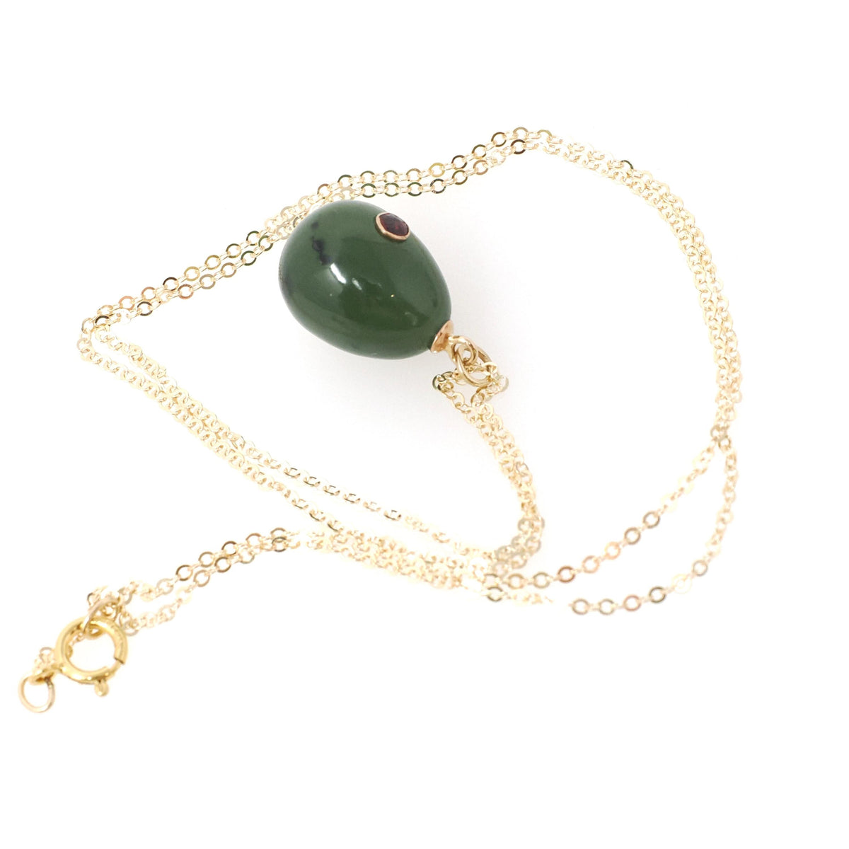 Nephrite Jade Pendant - Modernist 14k Yellow Gold Natural Green Teardrop Gemstone Inset Garnet Charm Necklace - Vintage Circa 1960s Jewelry