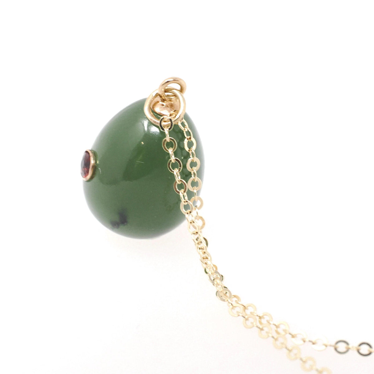 Nephrite Jade Pendant - Modernist 14k Yellow Gold Natural Green Teardrop Gemstone Inset Garnet Charm Necklace - Vintage Circa 1960s Jewelry