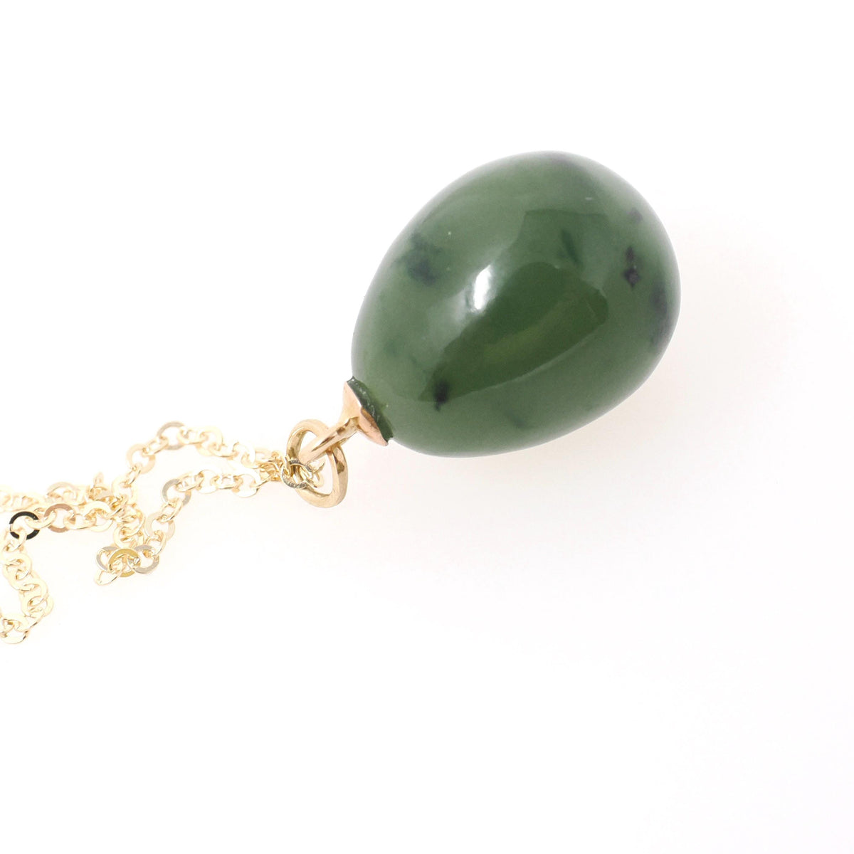 Nephrite Jade Pendant - Modernist 14k Yellow Gold Natural Green Teardrop Gemstone Inset Garnet Charm Necklace - Vintage Circa 1960s Jewelry